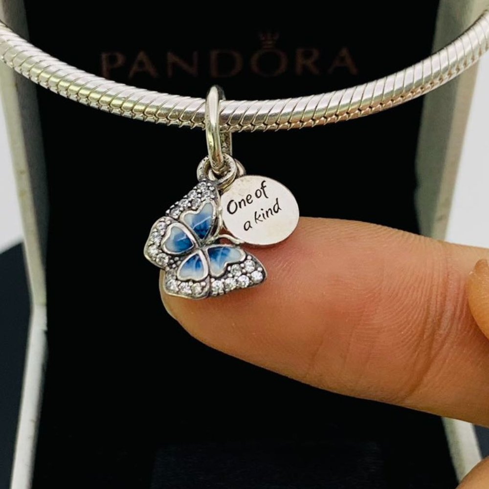 Pandora Blue Butterfly & Quote Double Dangle Charm Gem